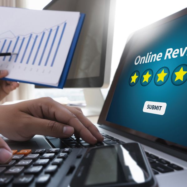 Man checking the website for online reviews