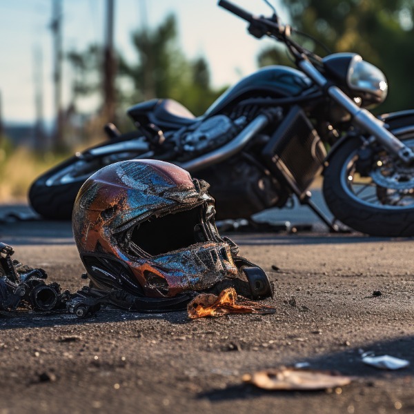 View of a motorcycle wreckage showing severe front-end damage